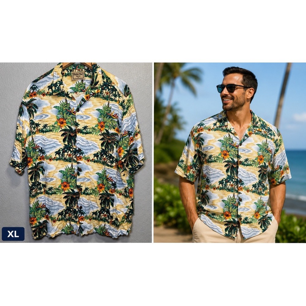 Hawaiian Tropical Camp Shirt Mens XL Tan AOP Palm Tree Button Up Aloha Hut Beach